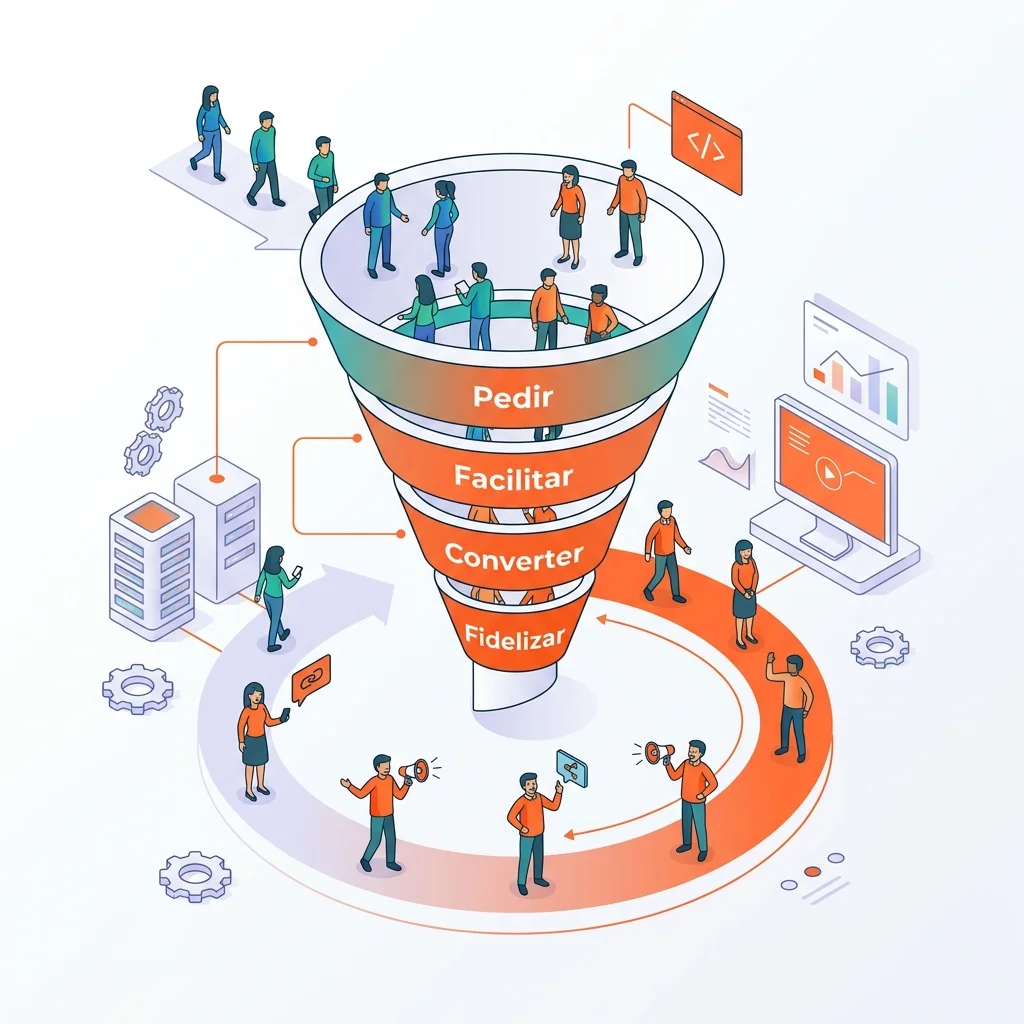 Ilustração isométrica de um funil de marketing de indicação com foco em retenção e indicação circular