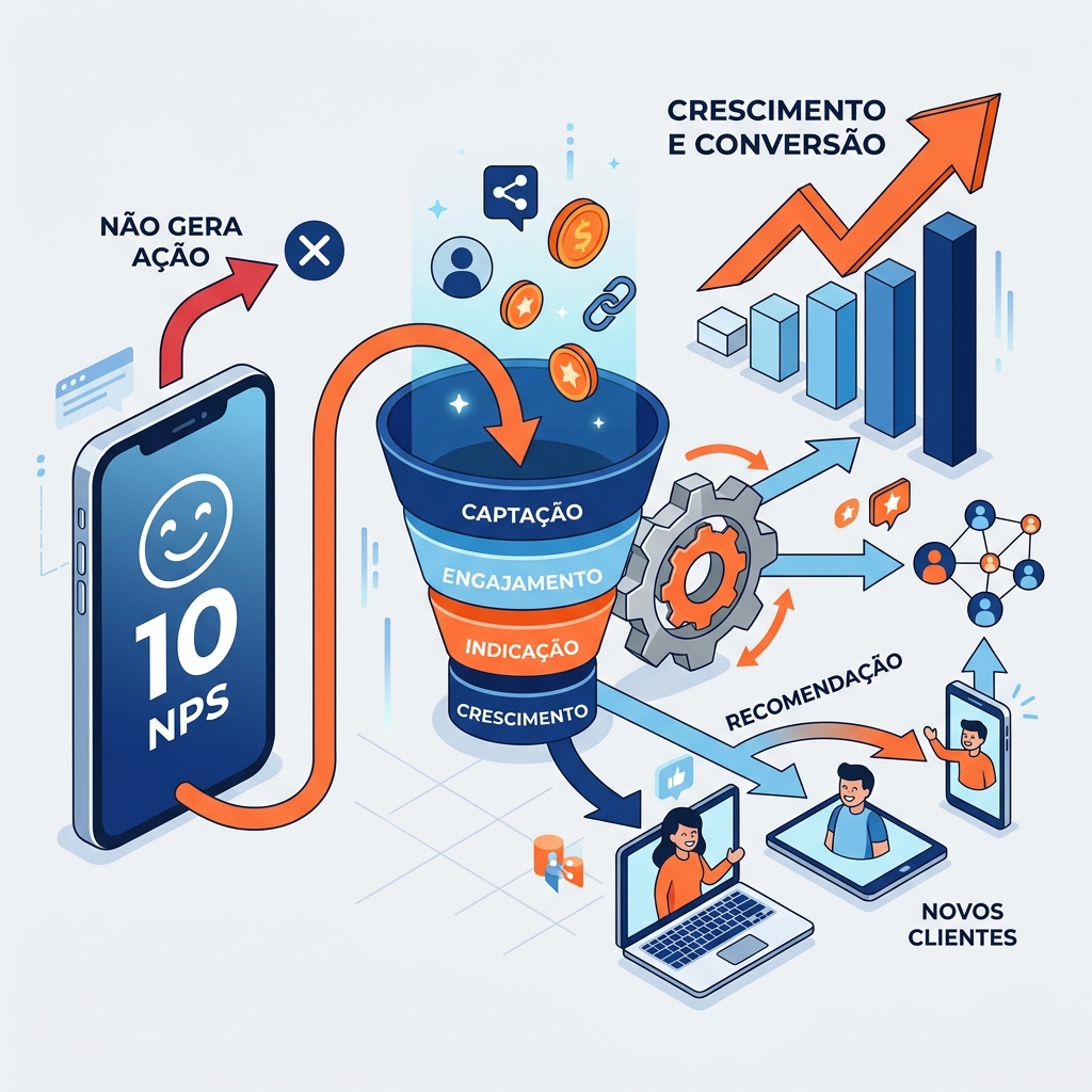 Ilustração isométrica comparando uma nota de NPS com um funil de indicação ativo