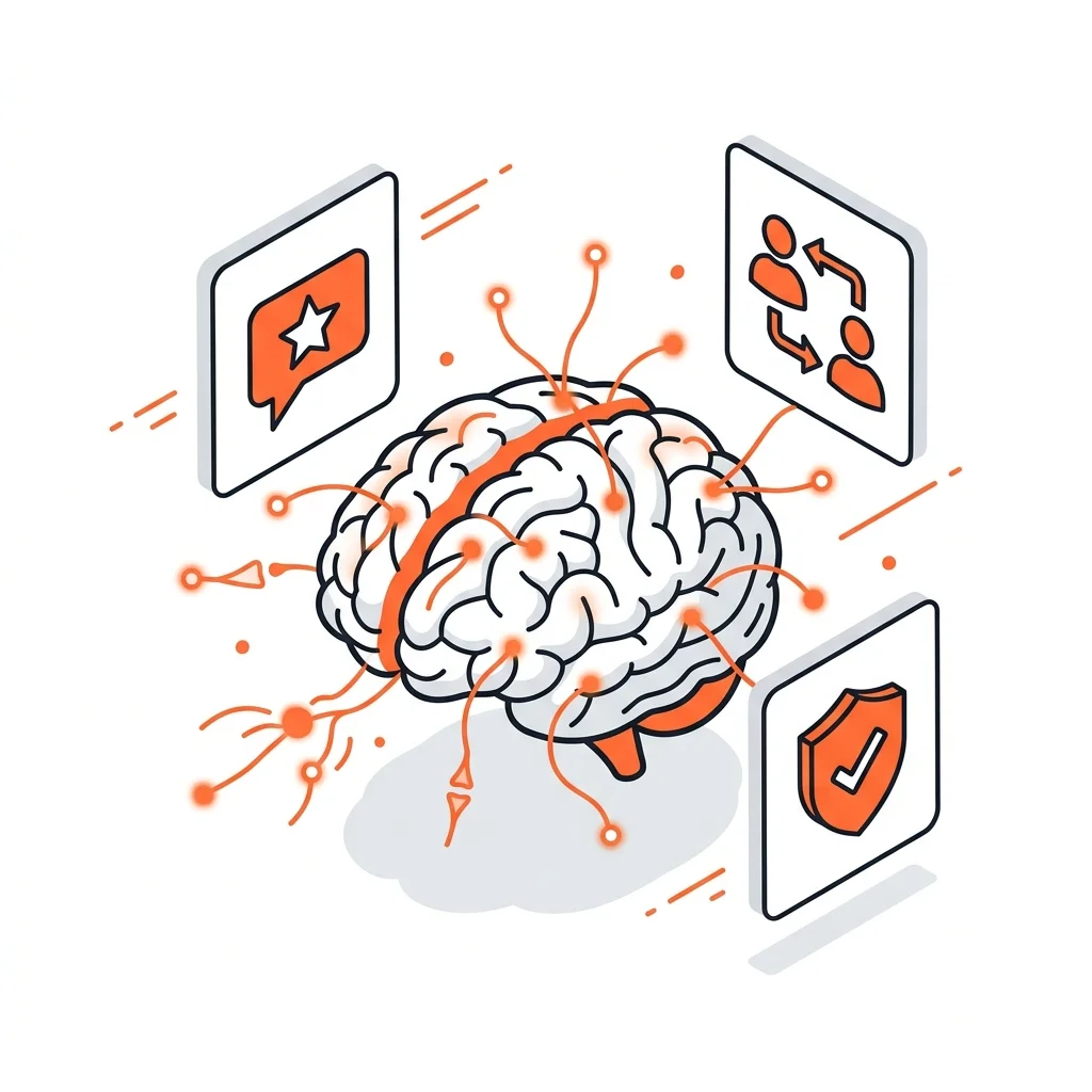 A psicologia por trás do marketing de indicação — ilustração isométrica com cérebro e conexões de confiança